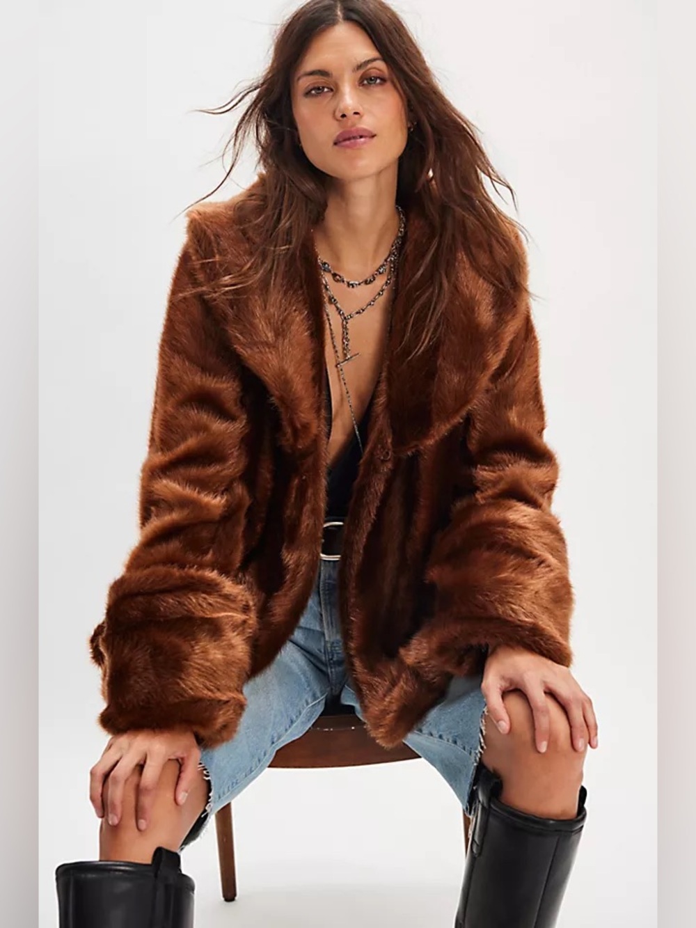 Free People Anna Sui Faux Mink Swing Coat Brown Size XS